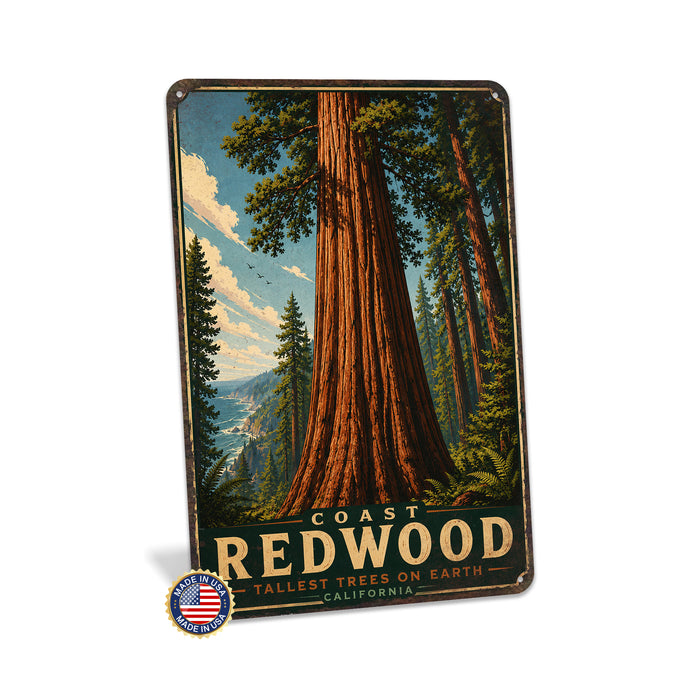Coast Redwood California metal sign with vintage travel-poster illustration of coast redwood in California