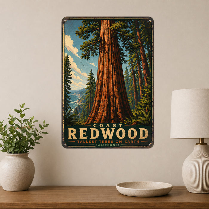 Coast Redwood California metal sign with vintage travel-poster illustration of coast redwood in California