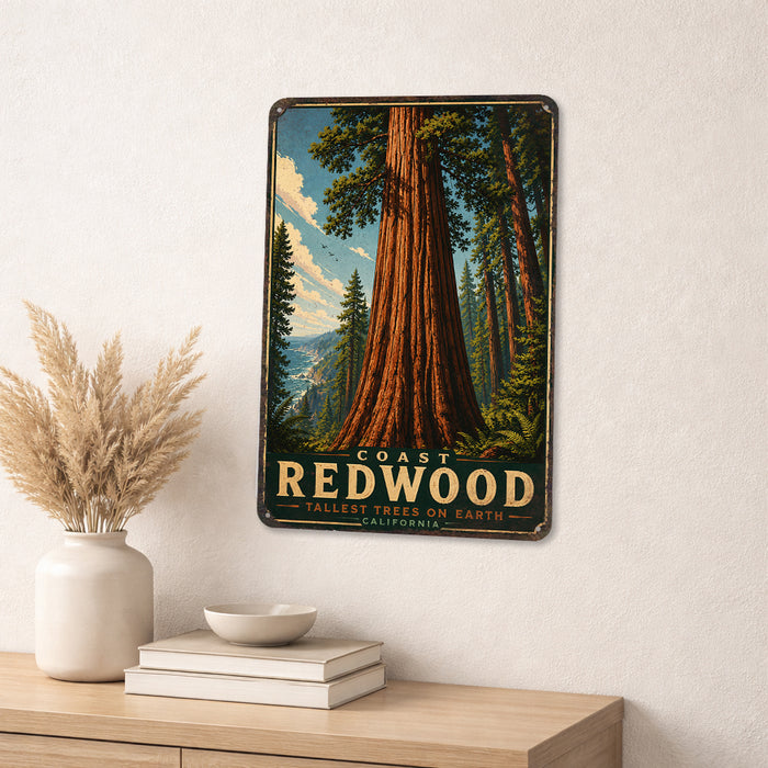 Coast Redwood California metal sign with vintage travel-poster illustration of coast redwood in California