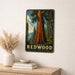 Coast Redwood California metal sign with vintage travel-poster illustration of coast redwood in California
