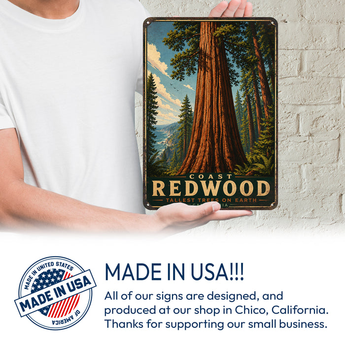 Coast Redwood California metal sign with vintage travel-poster illustration of coast redwood in California