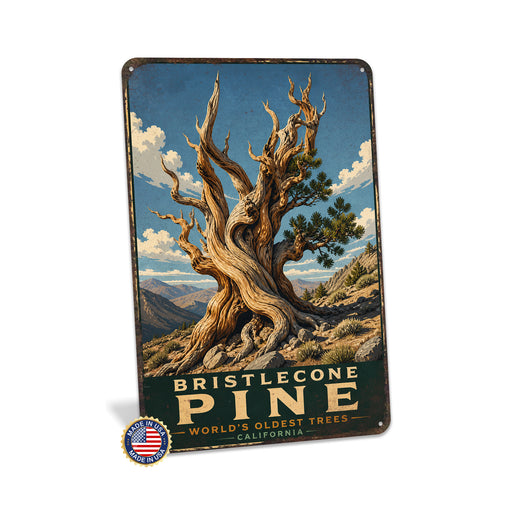 Bristlecone Pine California metal sign with vintage travel-poster illustration of bristlecone pine in California