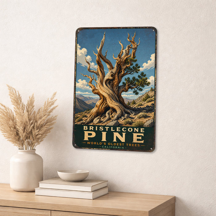 Bristlecone Pine California metal sign with vintage travel-poster illustration of bristlecone pine in California