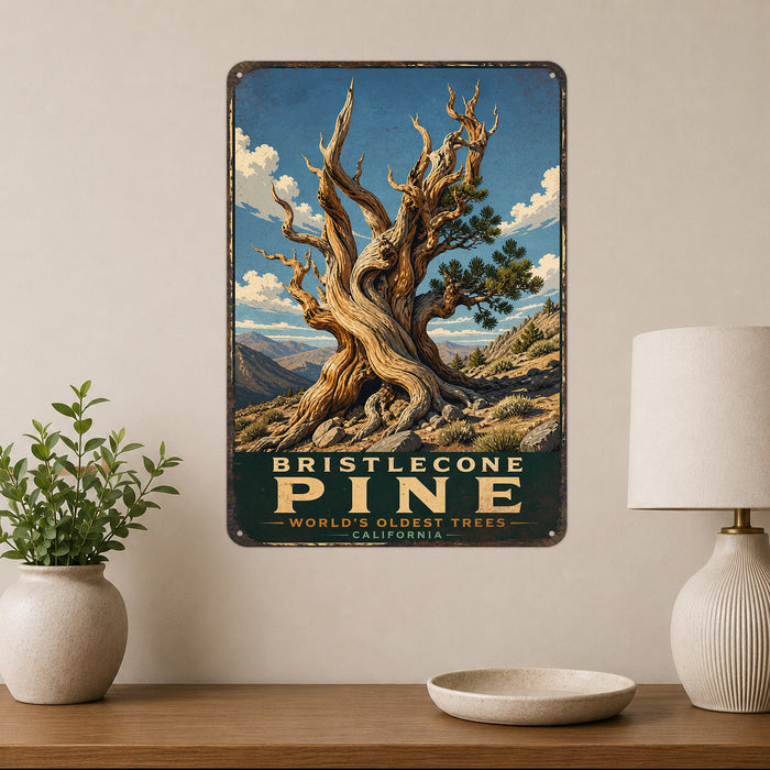 Bristlecone Pine California metal sign with vintage travel-poster illustration of bristlecone pine in California