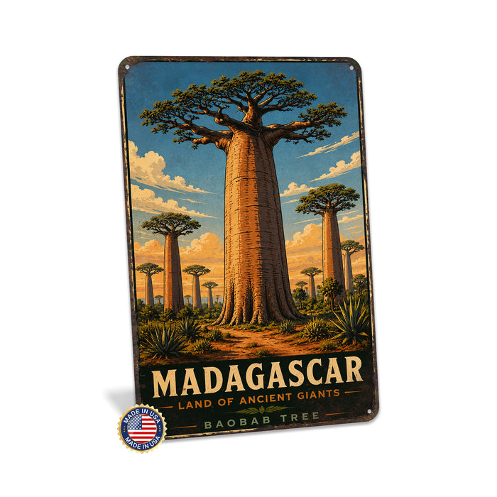 Madagascar Baobab Tree metal sign with vintage travel-poster illustration of baobab tree in Madagascar