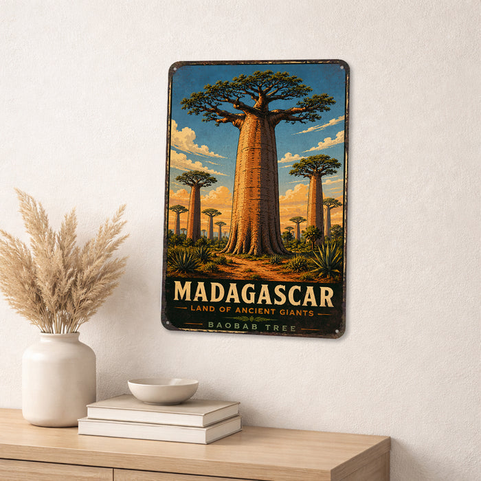 Madagascar Baobab Tree metal sign with vintage travel-poster illustration of baobab tree in Madagascar