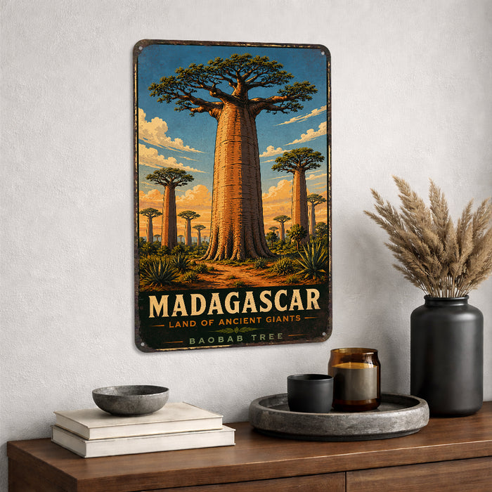Madagascar Baobab Tree metal sign with vintage travel-poster illustration of baobab tree in Madagascar