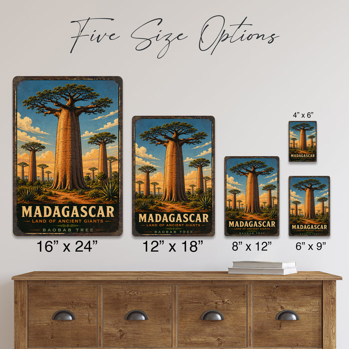 Madagascar Baobab Tree metal sign with vintage travel-poster illustration of baobab tree in Madagascar