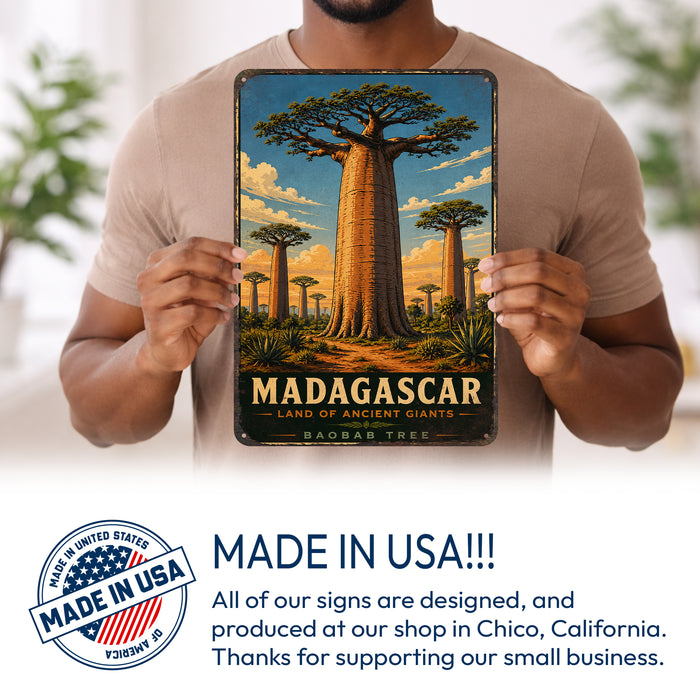 Madagascar Baobab Tree metal sign with vintage travel-poster illustration of baobab tree in Madagascar