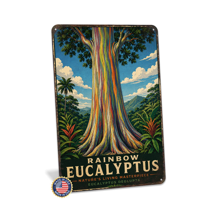 Rainbow Eucalyptus metal sign with vintage travel-poster illustration of rainbow eucalyptus in Hawaii