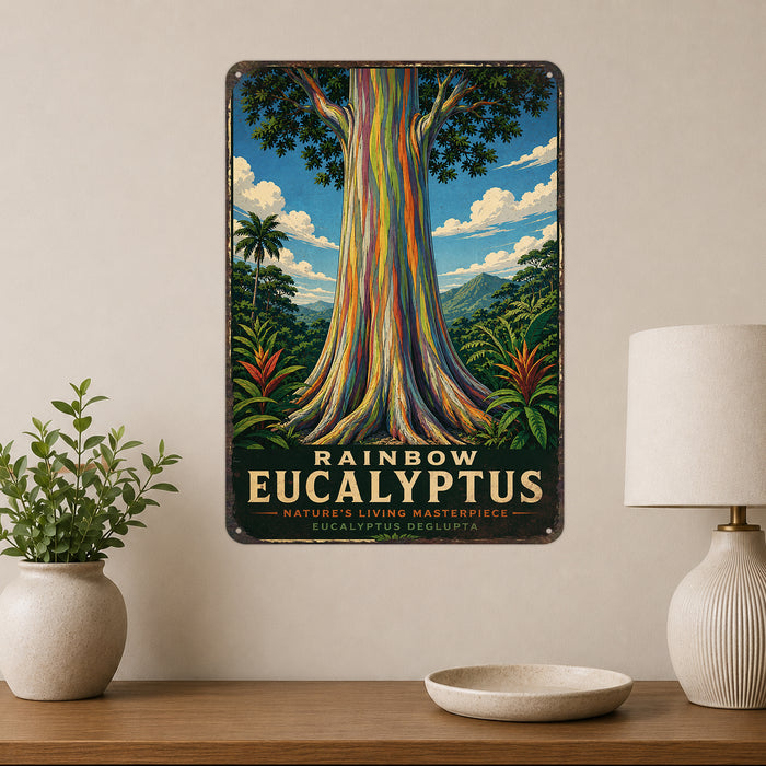 Rainbow Eucalyptus metal sign with vintage travel-poster illustration of rainbow eucalyptus in Hawaii