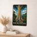 Rainbow Eucalyptus metal sign with vintage travel-poster illustration of rainbow eucalyptus in Hawaii
