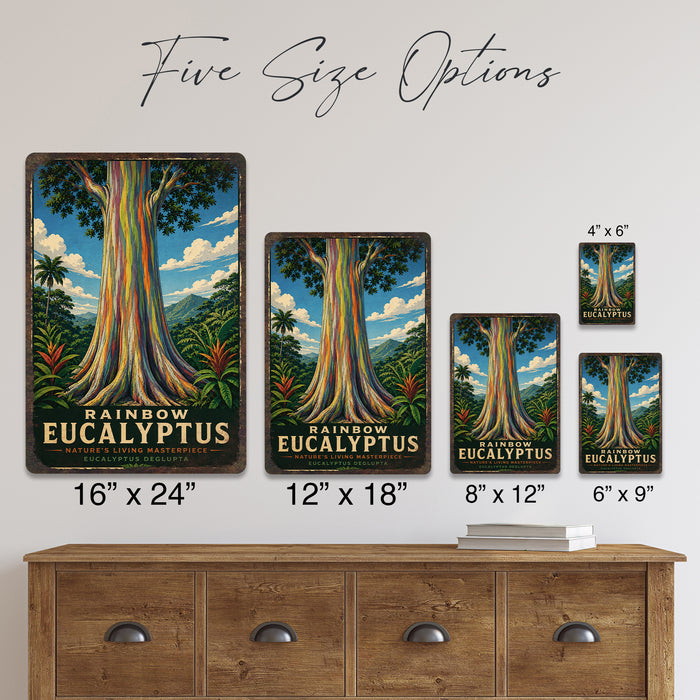 Rainbow Eucalyptus metal sign with vintage travel-poster illustration of rainbow eucalyptus in Hawaii