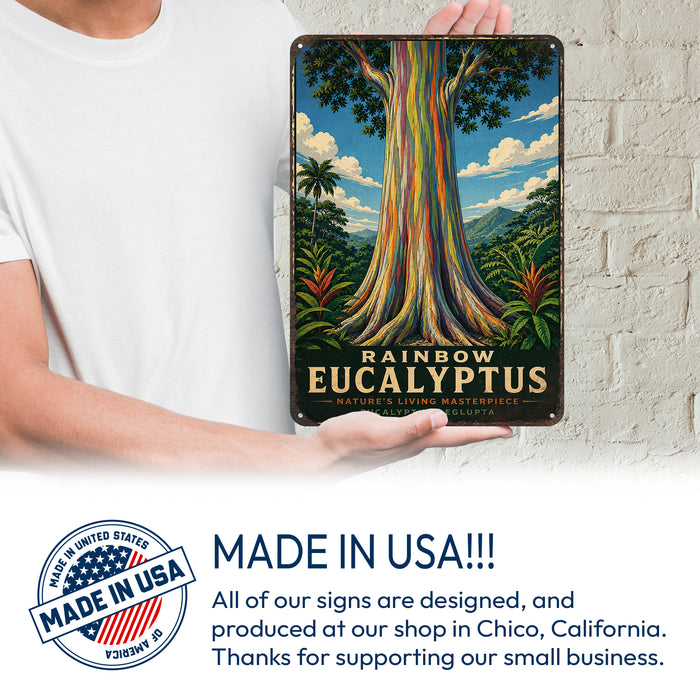 Rainbow Eucalyptus metal sign with vintage travel-poster illustration of rainbow eucalyptus in Hawaii