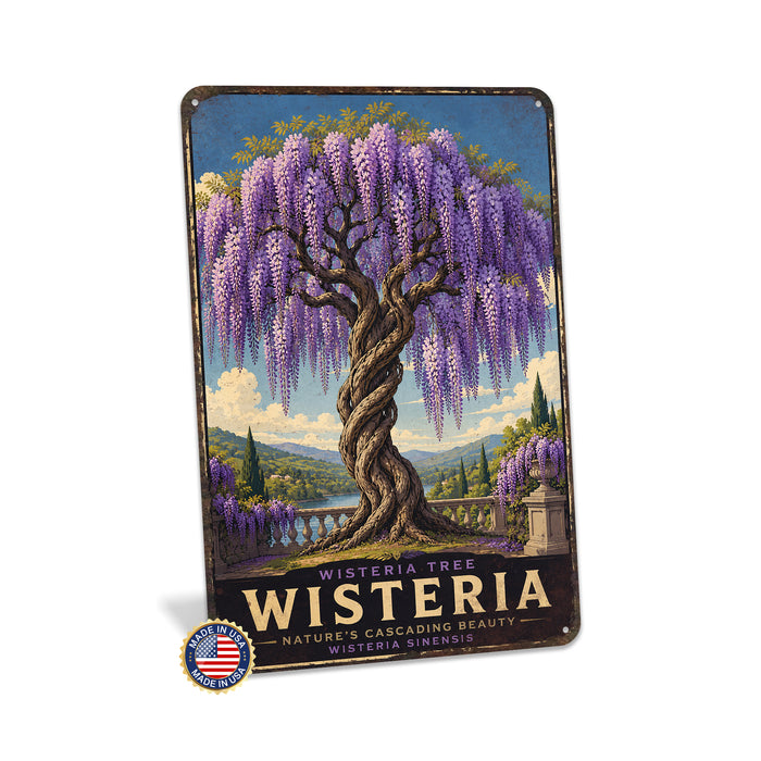 Wisteria Tree metal sign with vintage travel-poster illustration of wisteria tree in Japan