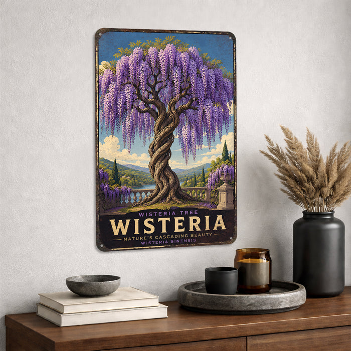 Wisteria Tree metal sign with vintage travel-poster illustration of wisteria tree in Japan