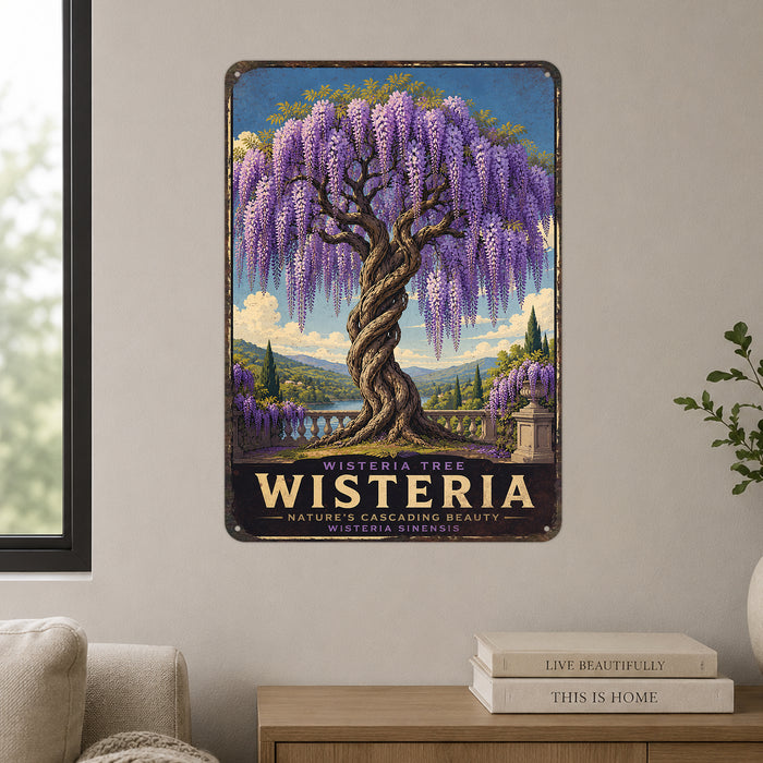 Wisteria Tree metal sign with vintage travel-poster illustration of wisteria tree in Japan