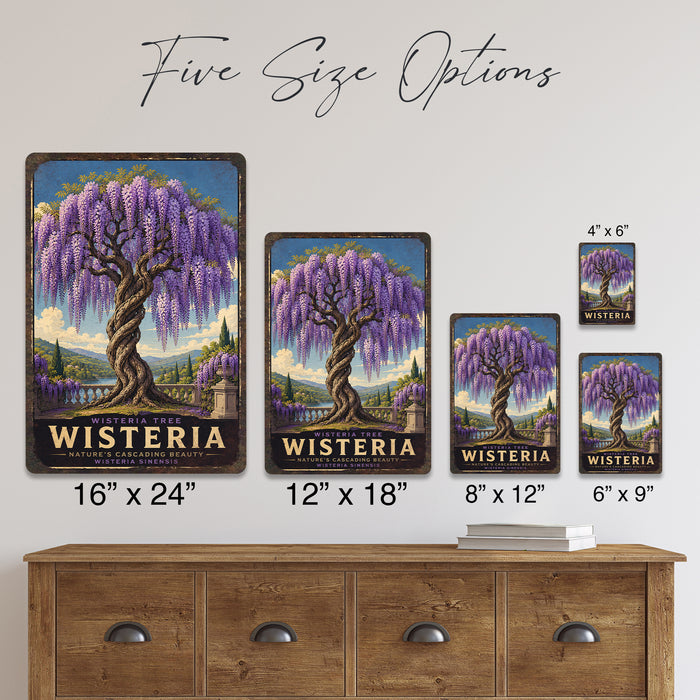 Wisteria Tree metal sign with vintage travel-poster illustration of wisteria tree in Japan