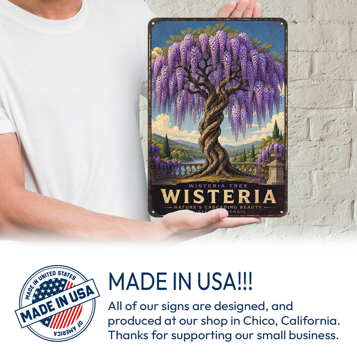 Wisteria Tree metal sign with vintage travel-poster illustration of wisteria tree in Japan