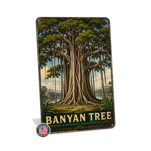 Banyan Tree metal sign with vintage travel-poster illustration of banyan tree in Southeast Asia