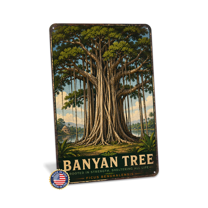 Banyan Tree metal sign with vintage travel-poster illustration of banyan tree in Southeast Asia