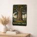 Banyan Tree metal sign with vintage travel-poster illustration of banyan tree in Southeast Asia