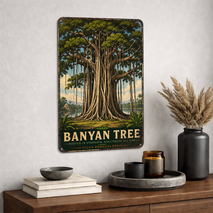 Banyan Tree metal sign with vintage travel-poster illustration of banyan tree in Southeast Asia