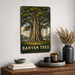 Banyan Tree metal sign with vintage travel-poster illustration of banyan tree in Southeast Asia