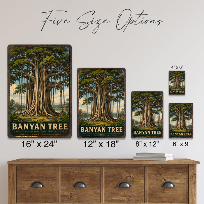 Banyan Tree metal sign with vintage travel-poster illustration of banyan tree in Southeast Asia