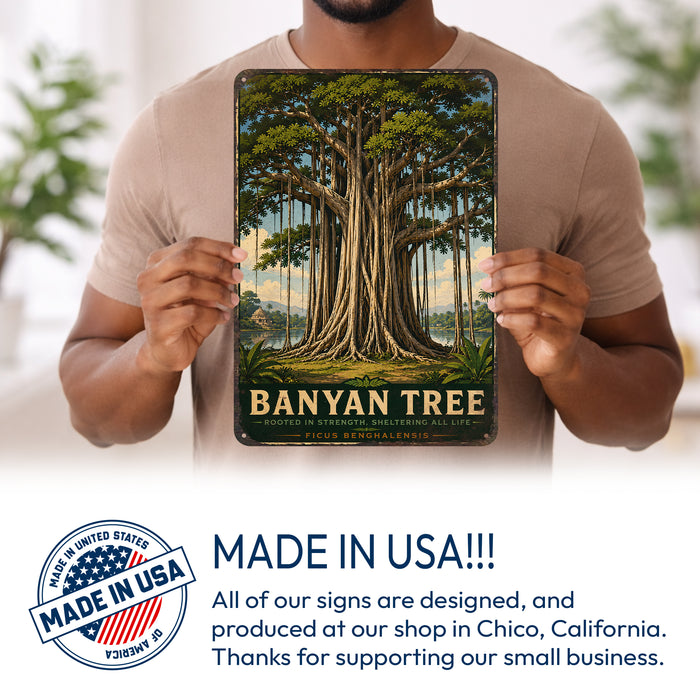 Banyan Tree metal sign with vintage travel-poster illustration of banyan tree in Southeast Asia