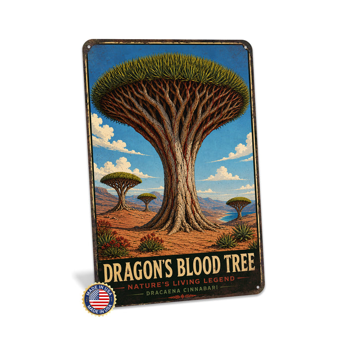 Dragons Blood Tree metal sign with vintage travel-poster illustration of dragons blood tree in Socotra