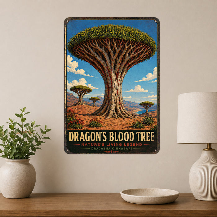 Dragons Blood Tree metal sign with vintage travel-poster illustration of dragons blood tree in Socotra