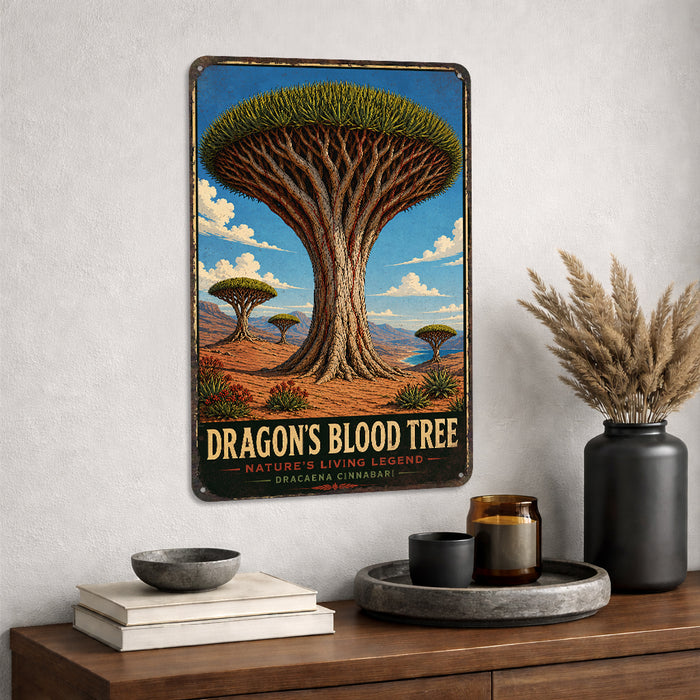 Dragons Blood Tree metal sign with vintage travel-poster illustration of dragons blood tree in Socotra