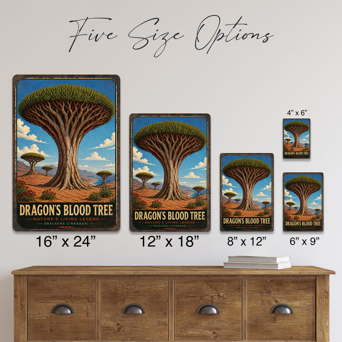 Dragons Blood Tree metal sign with vintage travel-poster illustration of dragons blood tree in Socotra