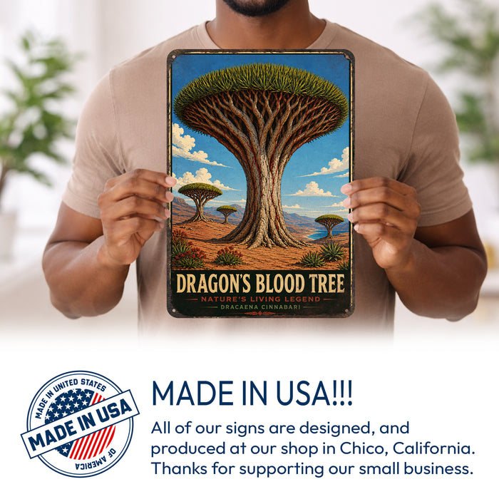 Dragons Blood Tree metal sign with vintage travel-poster illustration of dragons blood tree in Socotra