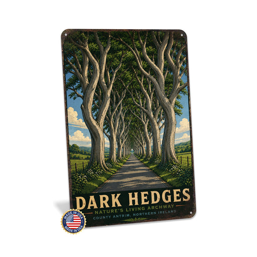 Dark Hedges Ireland metal sign with vintage travel-poster illustration of dark hedges in Ireland