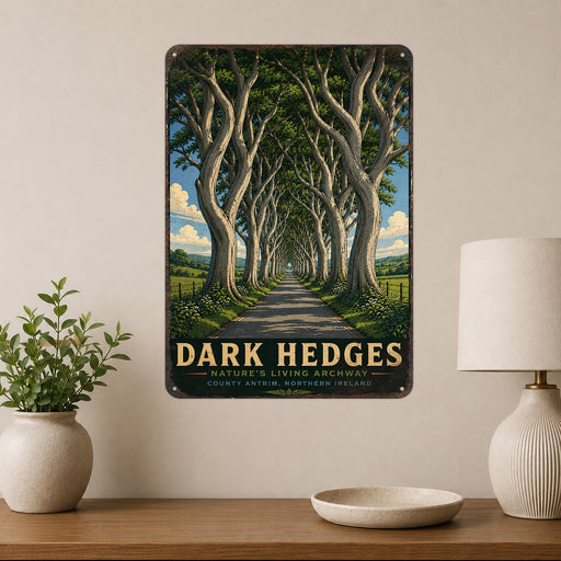 Dark Hedges Ireland metal sign with vintage travel-poster illustration of dark hedges in Ireland