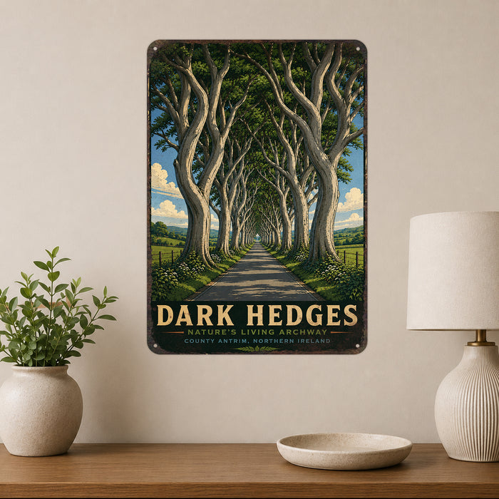 Dark Hedges Ireland metal sign with vintage travel-poster illustration of dark hedges in Ireland
