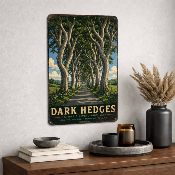 Dark Hedges Ireland metal sign with vintage travel-poster illustration of dark hedges in Ireland