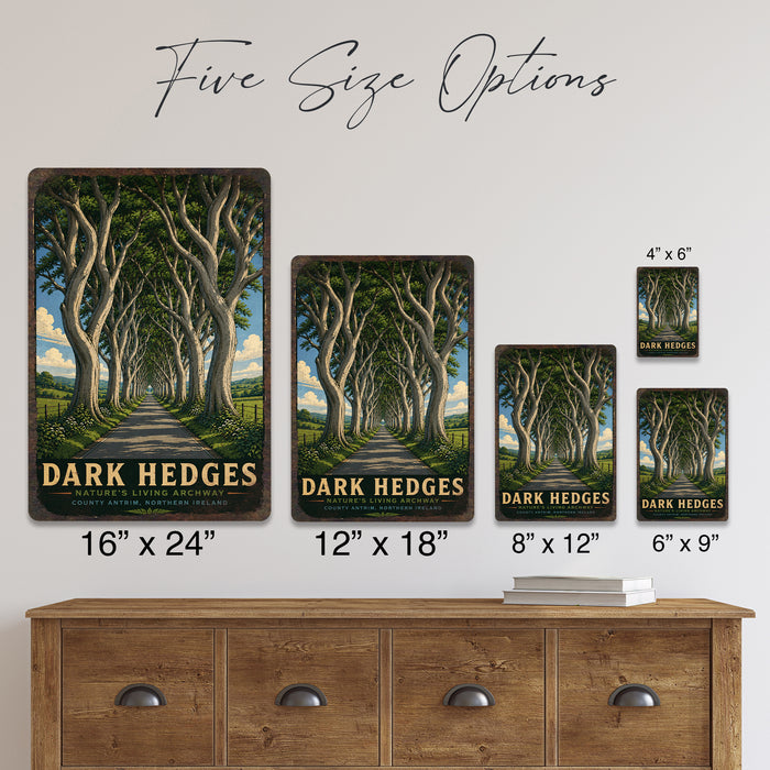 Dark Hedges Ireland metal sign with vintage travel-poster illustration of dark hedges in Ireland