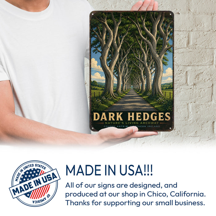 Dark Hedges Ireland metal sign with vintage travel-poster illustration of dark hedges in Ireland