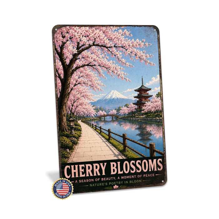 Cherry Blossoms Japan metal sign with vintage travel-poster illustration of cherry blossoms in Japan