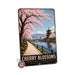 Cherry Blossoms Japan metal sign with vintage travel-poster illustration of cherry blossoms in Japan