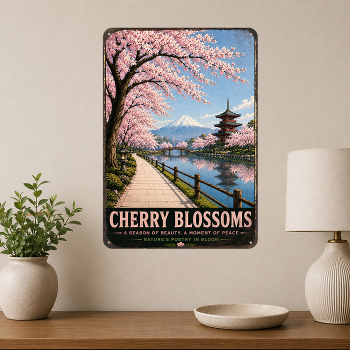 Cherry Blossoms Japan metal sign with vintage travel-poster illustration of cherry blossoms in Japan