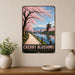 Cherry Blossoms Japan metal sign with vintage travel-poster illustration of cherry blossoms in Japan