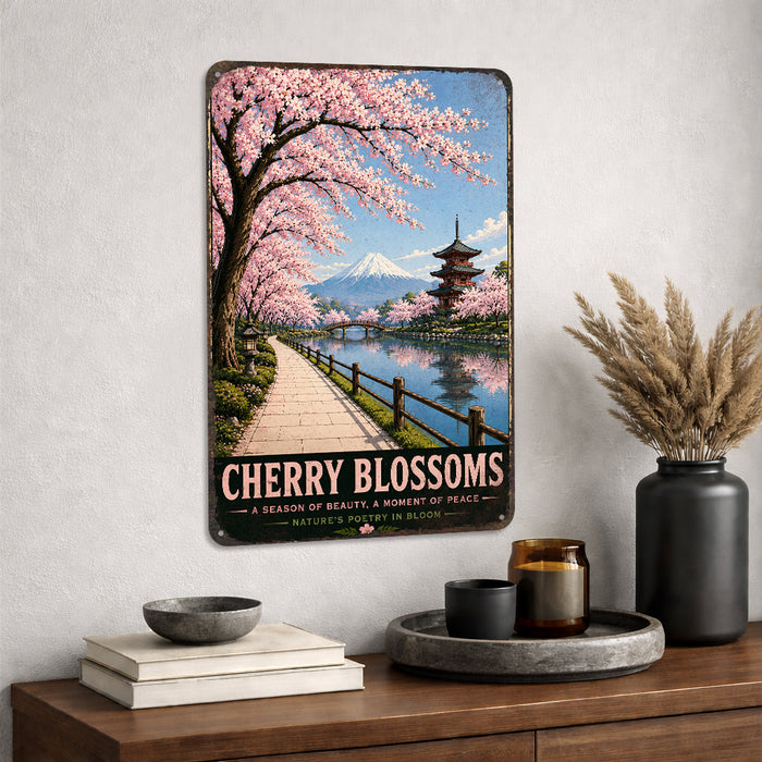Cherry Blossoms Japan metal sign with vintage travel-poster illustration of cherry blossoms in Japan
