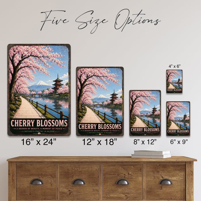 Cherry Blossoms Japan metal sign with vintage travel-poster illustration of cherry blossoms in Japan