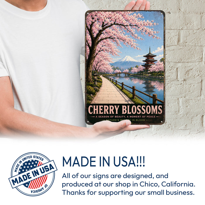 Cherry Blossoms Japan metal sign with vintage travel-poster illustration of cherry blossoms in Japan