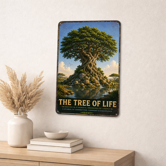 Tree of Life metal sign with vintage travel-poster illustration of tree of life in Bahrain