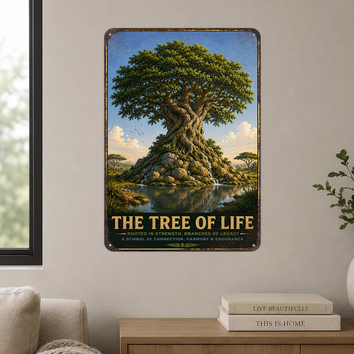 Tree of Life metal sign with vintage travel-poster illustration of tree of life in Bahrain